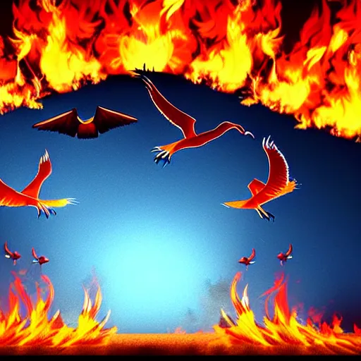 Image similar to in the lower part of the picture is the harp burning in the fire, above are cranes flying in flames, digital painting, concept art