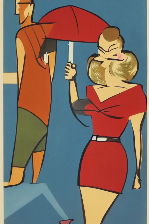 Prompt: mid century modern art 5 0 s atomic lady and umbrella by bernard simunovic