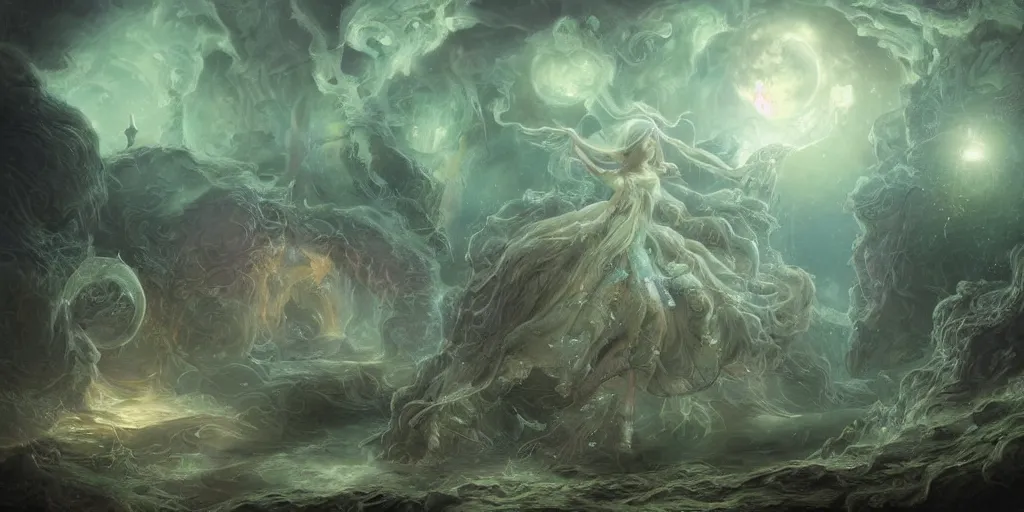 Image similar to concept art of translucent glowing fairies, lovecraftian, renaissance, melting, round moon, rich clouds, fighting the horrors of the unknown, very detailed, volumetric light, mist, fine art, decaying, textured oil over canvas, epic fantasy art, very colorful, ornate scales