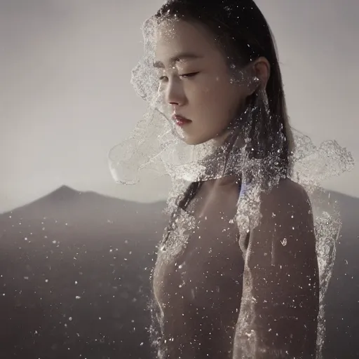 Image similar to a instax photo of fuji mountain, a tall japanese girl in a transparent sheer fabric dress against the background of fuji mountain, severe snow, full body shot, perfect symmetrical body, perfect symmetrical face, coherent symmetrical eyes, by peter kemp, by monia merlo, hyperrealistic, hyperdetailed, octane render, 8 k