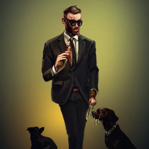 Image similar to a dog wearing a business suit smoking a cigar, dramatic lighting, cinematic, establishing shot, extremly high detail, photorealistic, cinematic lighting, concept art, artstation, style by greg rutkowsky