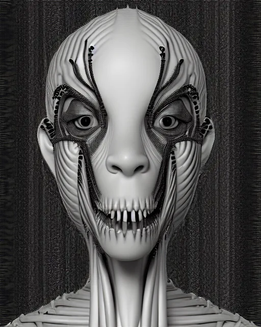 Image similar to a black and white 3D render of a young beautiful female queen-dragon-cyborg bust with a very long neck and Mandelbrot fractal face, flesh, anatomical, facial muscles, veins, arteries, elegant, highly detailed, flesh highly ornate, cable wires, elegant, high fashion, rim light, octane render, in the style of H.R. Giger, Realistic, Refined, Digital Art, Highly Detailed, Cinematic Lighting, rim light, black and white, photo-realistic, 8K