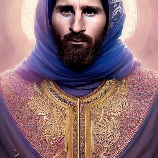 Image similar to lionel messi wearing islamic clothes, d & d, fantasy, intricate, elegant, highly detailed, digital painting, artstation, concept art, matte, sharp focus, illustration, art by artgerm and greg rutkowski and alphonse mucha