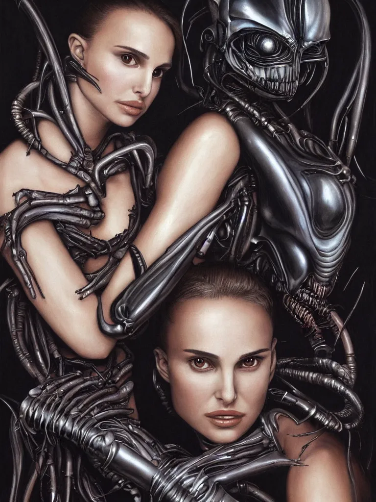 Image similar to a beautiful portrait of natalie portman with a xenomorph alien queen by h.r. giger, detailed, proportional, trending on art station, 4k