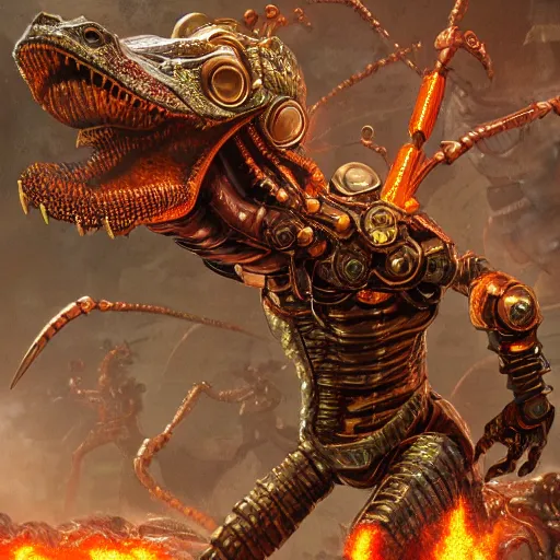 Prompt: robotic lizardfolk warrior made up of copper, gold, and silver elements, red goggles over eyes, shooting a gun that is popping out of his open mouth at a horde of goblins, , illustration, concept art, highly detailed, 8k, matte