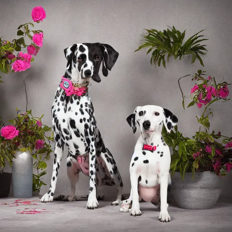 Image similar to vogue photoshoot octane render of dalmatian dog with white background, focus bright colorful pastel exotic vintage boutique hotel lounge, very short depth of field, bokeh