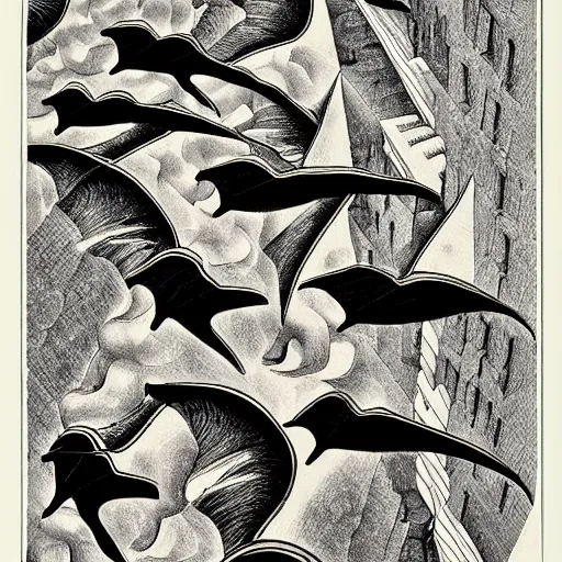 Image similar to escher print of pterodactyls