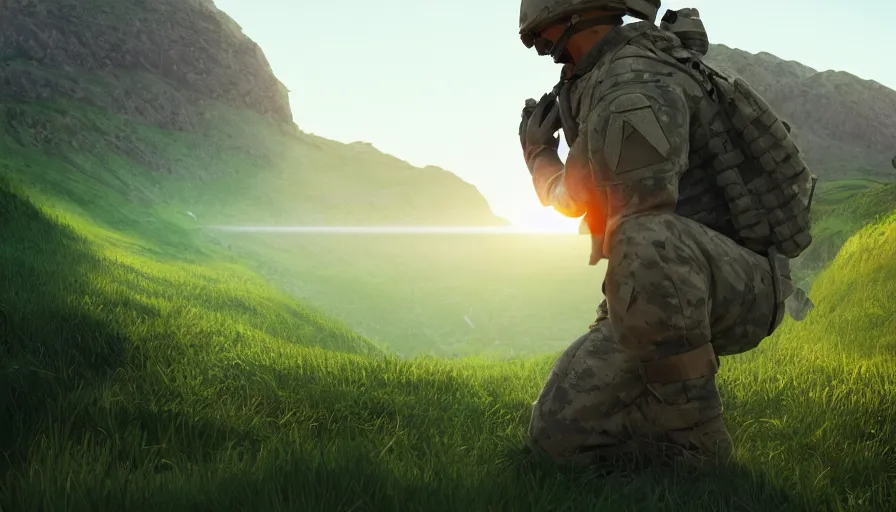 Prompt: side view of a soldier on knees on the edge of a green mountains watching the horizon, sunny day, volumetric light, hyperdetailed, artstation, cgsociety, 8 k