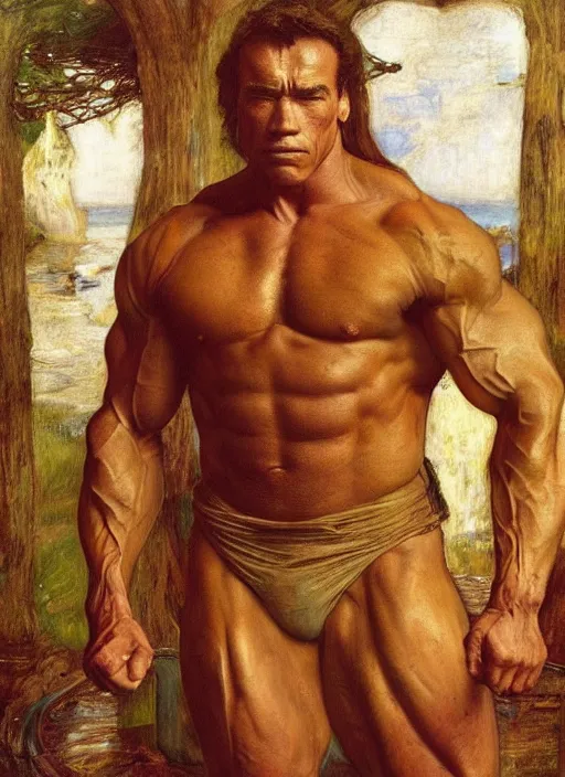 Image similar to a beautiful painting of arnold schwarzenegger by John Everett Millais and Dante Gabriel Rossetti and John Collier and john william waterhouse, pre-raphaelite, detailed, trending on artstation, hd, masterpiece