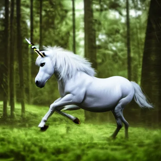 Prompt: unicorn running in a forest, shallow depth of field, moody lighting, 8 k, concept art,