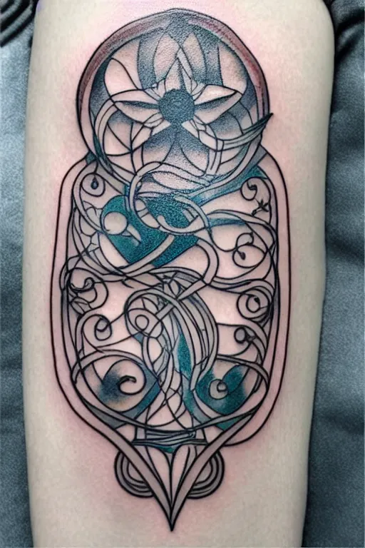 Prompt: mirrored delicate minimalist art nouveau tattoo, vibrant colors, intricate detail, clean lines, geommetric