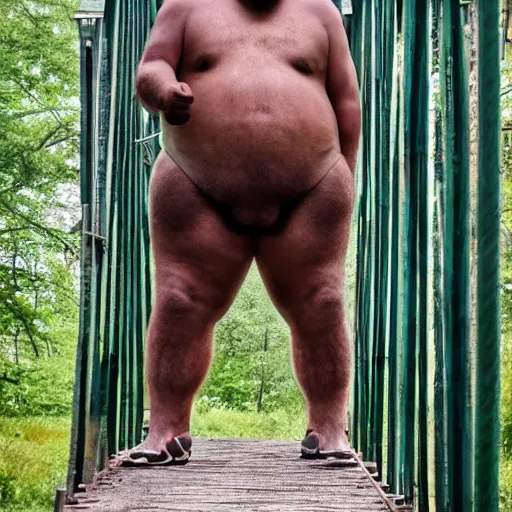 Prompt: a big man standing at a bridge