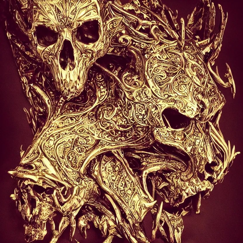 Image similar to photo portrait portrait of skull of wolf, lying on bones, dramatic lighting, golden ornaments, symmetric, intricate skeletal decorations, symmetry, highly detailed, tarot, concept art, black, red, white, gold layers, warhammer, style of nekroxiii, hyperrealistic, dark background, smoke, artstation