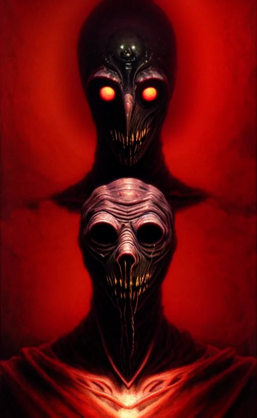 Image similar to a striking full body portrait of a pitch black masked eldritch shaman with sinister red eyes by moebius and beksinski and artgerm, detailed artwork, realism, 4 k resolution, detailed, high quality, sharp focus, hq artwork, insane detail, volumetric lighting, character concept art, fine details, tarot card, clear subject