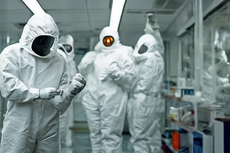 Image similar to man wearing hazmat suit in cleanroom examining alien. by Roger Deakins