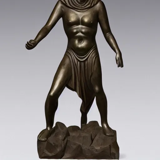 Prompt: long shot photo of a soapstone Art Deco statue Hades wearing a tunic, long pants,Cerberus on his side,sculped by Paul Landowski,Jean Dupas, Tamara de Lempicka, Reginald Marsh, Rockwell Kent, and Diego Rivera,beared,long shot,wide shot,low angle,Sigma 85 mm,very detailed,unreal-engine,city in the background