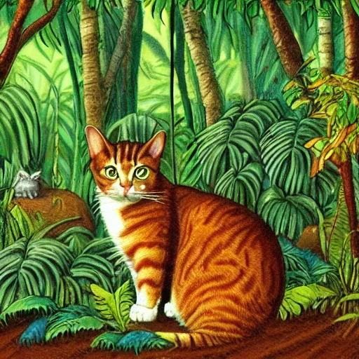 Prompt: a cat in a jungle landscape, by Jim Davis