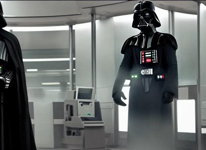 Image similar to film still of Darth Vader waiting in line at the bank in the new Star Wars movie, 4k