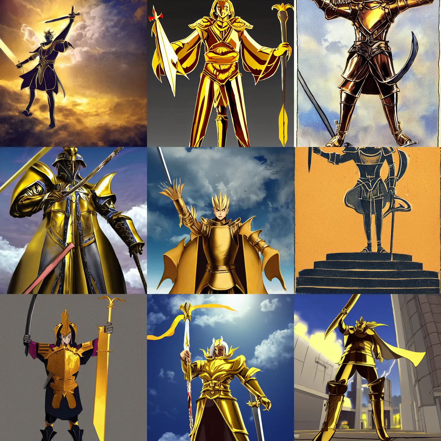 Prompt: full - body tall man in large golden armor raising his sword in the air, epic, anime - style