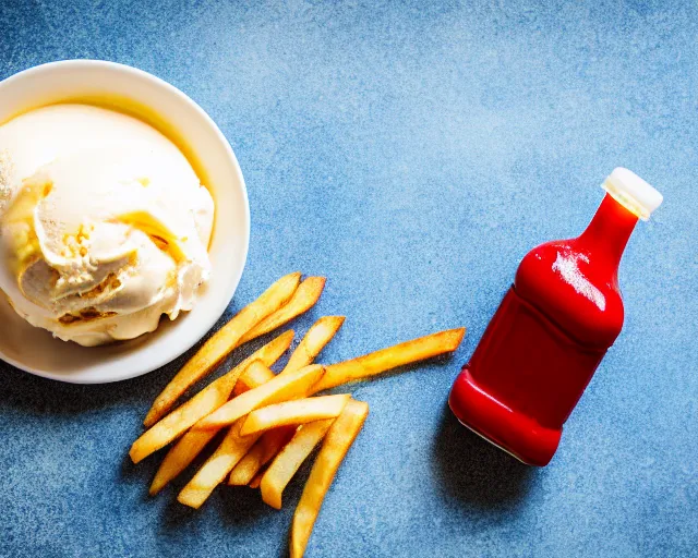 Image similar to dslr food photograph of vanilla ice cream with ketchup on, a leaf on the ice cream, french fries on the side, a bottle of ketchup, bokeh, 8 5 mm f 1. 4