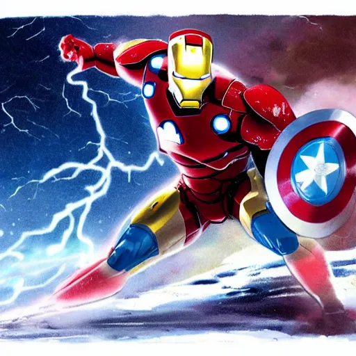 Prompt: portrait of iron man fighting captain america in a snowy tundra, stormy weather and lightning, illustration concept art of miyazaki studio ghibli