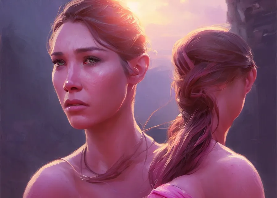Prompt: an portrait of a beautiful female survivor in a pink t shirt, apocalyptic city backround, shiny skin, flowing tied hair, fine details. night setting. realistic shaded lighting poster by craig mullism, artgerm, jeremy lipkin and michael garmash, unreal engine, radiant light, detailed and intricate environment, digital art, trending on art station,