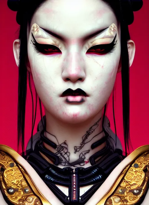 Prompt: portrait of a seductive cyberpunk geisha yakuza raver gutter punk cyborg bioweapon, golden ratio, details, sci - fi, dark fantasy, cyberpunk, intricate, decadent, ornate, highly detailed, digital painting, octane render, 8 k, artstation, concept art, smooth, sharp focus, illustration, art by artgerm, loish, wlop
