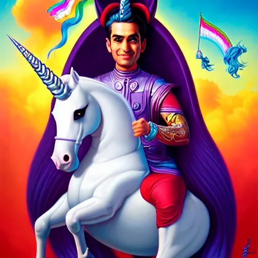 Image similar to portrait of himan riding an unicorn and, pixar style, by tristan eaton stanley artgerm and tom bagshaw.