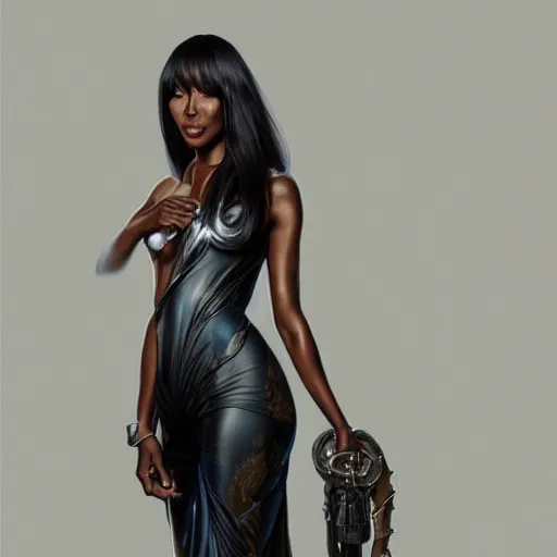 Image similar to full figure ultra realistic illustration, naomi campbell as the broker, intricate, elegant, highly detailed, digital painting, artstation, concept art, smooth, sharp focus, illustration, art by artgerm and greg rutkowski and alphonse mucha