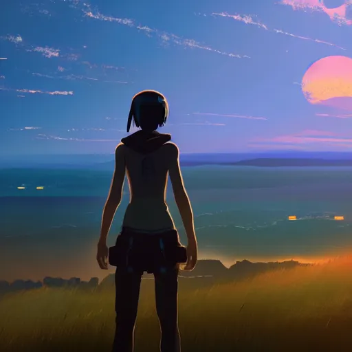 Image similar to A cyborg girl standing on the hill looking at the sea with a sunset in style of Makoto Shinkai and Cyberpunk. ArtStation, 8K, Highly Detailed, Intricate, Album Art.