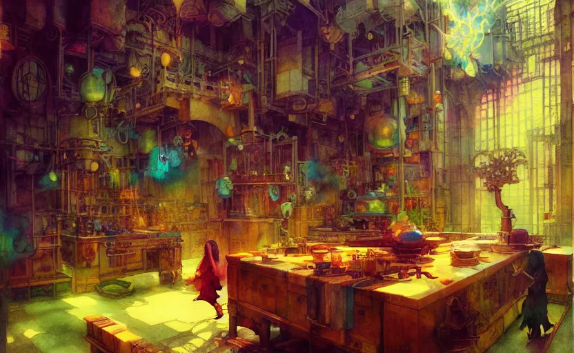 Image similar to alchemy laboratory, fantasy. intricate, amazing composition, colorful watercolor, by ruan jia, by maxfield parrish, by marc simonetti, by hikari shimoda, by robert hubert, by zhang kechun, illustration, gloomy