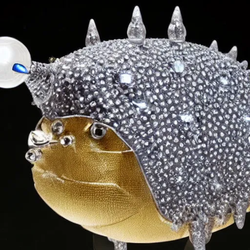 Prompt: A diamond encrusted killer anglerfish with jeweled teeth, dangling a light in front of it, the light is a dollar sign