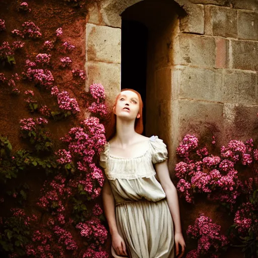 Prompt: photographic portrait of a stunningly beautiful english renaissance female emerging from a wall. of flowers, in soft dreamy light at sunset, beside the river, soft focus, contemporary fashion shoot, hasselblad nikon, in a denis villeneuve movie, by edward robert hughes, annie leibovitz and steve mccurry, david lazar, jimmy nelsson, hyperrealistic, perfect face