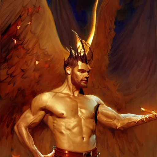 Image similar to attractive male lucifer morning star casting a spell summoning male demons, they rise from down bellow. highly detailed painting by gaston bussiere, craig mullins, j. c. leyendecker, 8 k