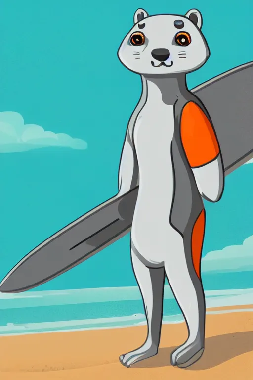 Image similar to a cute male gray turquoise white orange otter fursona wearing a black wetsuit and holding a surfboard on a beach, fantasy, paws on the sand, 8 k resolution, hyper detailed, character design, illustration, trending on artstation