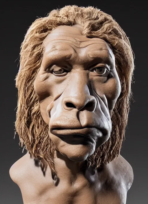 Prompt: a bust sculpture of a neandertal with animal face features, detailed, anatomically correct, ceramic base, orthographic, studio lighting, expresive