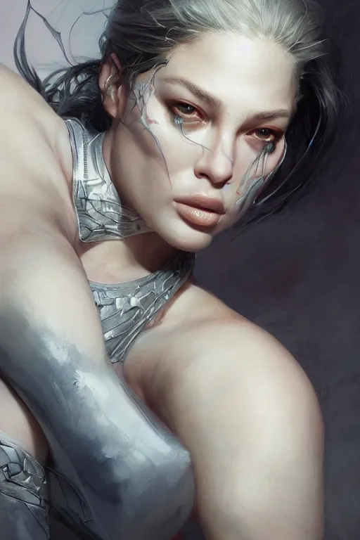 Prompt: Portrait of Ashley Graham, white, marvel comics, dark, intricate, highly detailed, smooth, artstation, digital illustration by Ruan Jia and Mandy Jurgens and Artgerm and Wayne Barlowe and Greg Rutkowski and Zdislav Beksinski