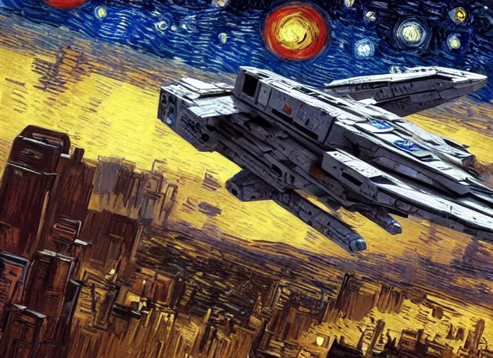 Prompt: a single battle spaceship taking off seen from the surface of a metropolis city, star wars, digital art, trending on art station, in the art style of vincent van gogh starry night