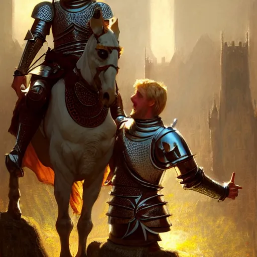 Image similar to attractive arthur pendragon and his favourite attractive male knight, they are in love, camelot, natural lighting, path traced, highly detailed, high quality, digital painting, by gaston bussiere, craig mullins, j. c. leyendecker