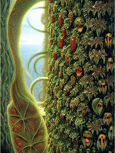 Prompt: The Hanging-Gardens of Pareidolia, ivy, verbena and pothos growing facial features and optical-illusions!!!!!, aesthetic!!!!, by Gerald Brom in the style of Johfra Bosschart in the style of,