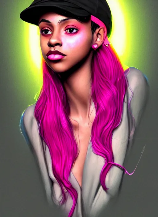 Image similar to portrait of teenage vanessa morgan with bright pink hair, black girl, vanessa morgan, curly pixie cut hair, wearing newsboy cap, newsboy cap, hoop earrings, intricate, elegant, glowing lights, highly detailed, digital painting, artstation, concept art, smooth, sharp focus, illustration, art by wlop, mars ravelo and greg rutkowski