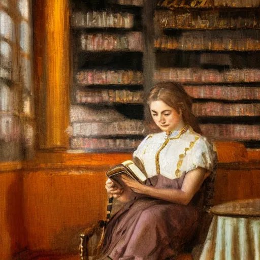 Prompt: a woman reading a book in 1 9 th century caffe. realistic, highly detailed, full of colors, 4 k