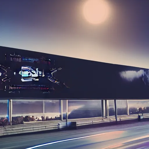 Image similar to sci-fi wall structure logotype and car on the coronation of napoleon painting and digital billboard in the middle, unreal engine 5, keyshot, octane, artstation trending, ultra high detail, ultra realistic, cinematic, 8k, 16k, in style of zaha hadid, in plastic, dark, tilt shift,