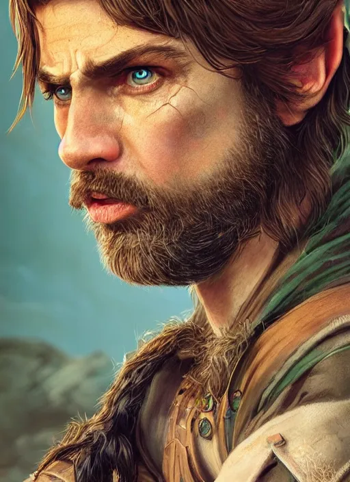 Prompt: A striking hyper real portrait painting of arrogant half-elf ranger, scar on face, shaggy brown hair, scruffy beard, teal tunic, 4k, 8k, Apex Legends Concept Art, D&D Concept Art, unreal 5, DAZ, hyperrealistic, octane render, cosplay, RPG portrait, dynamic lighting