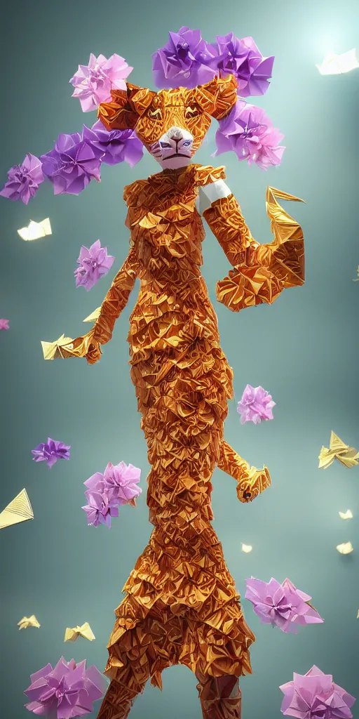 Image similar to <https://s.mj.run/fYu46ryI1Y0> a metropolis made out of origami paper, anthropomorphic tiger woman wearing a flowing tiffany-colored dress, paper origami, many origami sakura flowers, heavenly light, 3D, very detailed, octane render, trending ArtStation, artgem