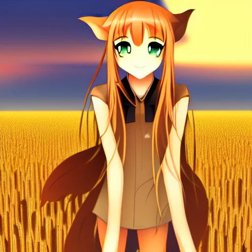 Image similar to Holo from Spice and Wolf standing in a wheat field at sunset, Holo is a wolf girl, high detail, trending on pixiv