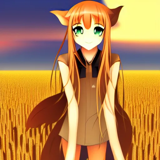 Prompt: Holo from Spice and Wolf standing in a wheat field at sunset, Holo is a wolf girl, high detail, trending on pixiv