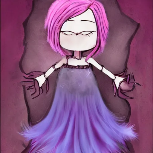 Prompt: little girl with eccentric pink hair wearing a dress made of purple feather, art by dcwj