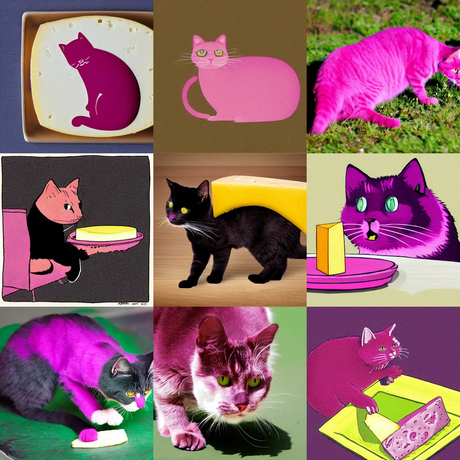 Prompt: a magenta cat eating cheese