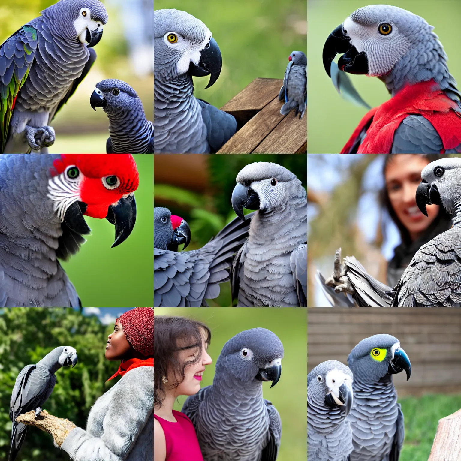 Prompt: african gray parrot talking to a girl